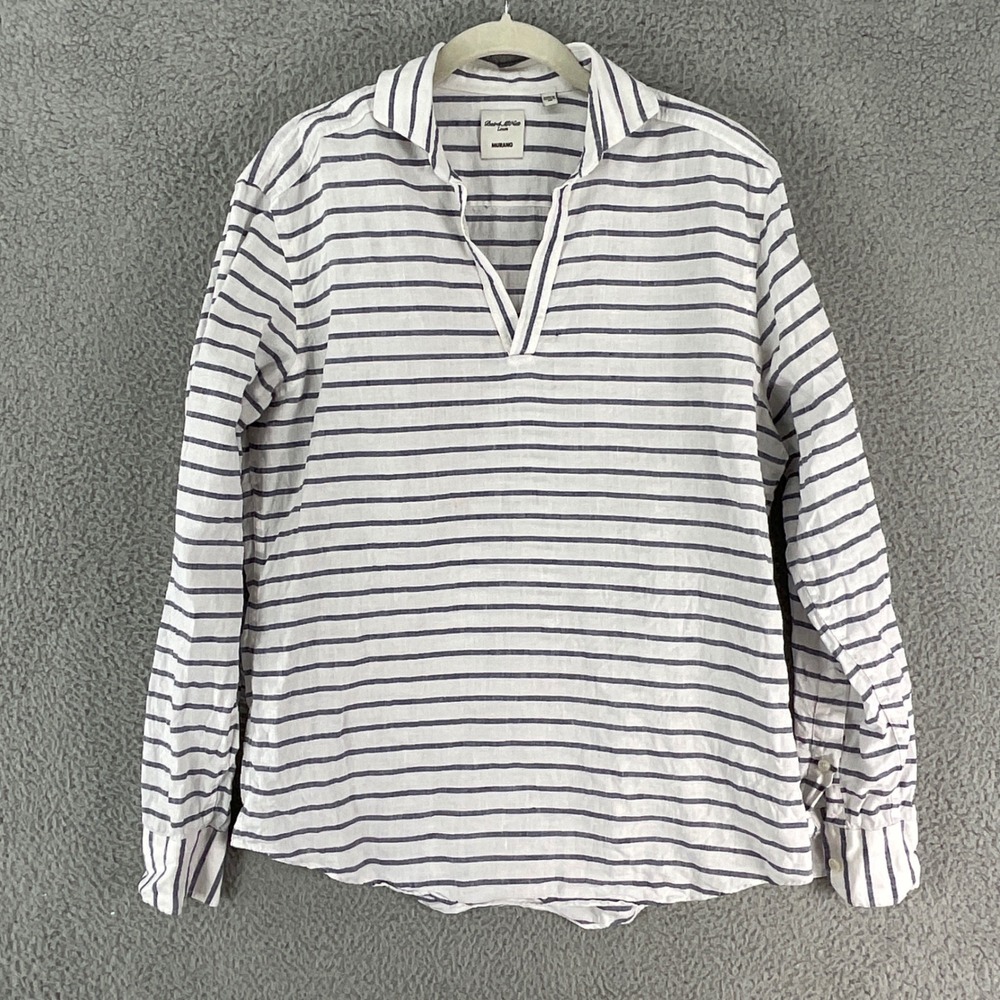 Murano Linen Shirt Mens Medium White Blue Striped V-Neck Roll-Tab Popover Preppy